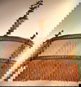 20's Brass Chandelier w/Milk Pleated Band + Fringe 24" H X 22" Diam.