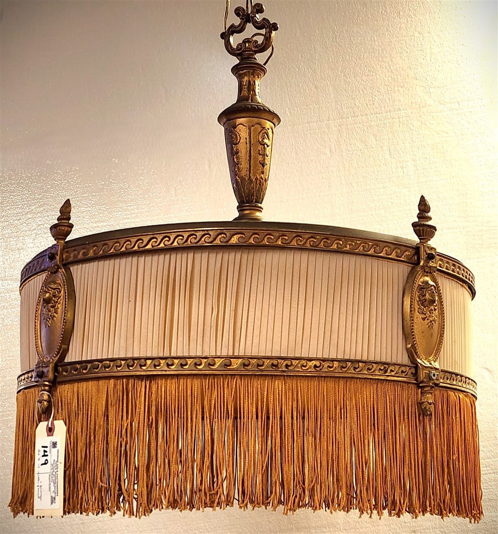 20's Brass Chandelier w/Milk Pleated Band + Fringe 24" H X 22" Diam.: 20's Brass Chandelier w/Milk Pleated Band + Fringe 24" H X 22" Diam.