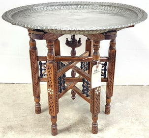 `Mid East Folding Inlaid Stand w/Copper Tray 20" H 22 1/2" Diam.