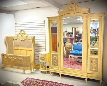 Ptd. French Style C1910 Bed Set 3 Door Armoire 8' H X 5'9" W X 20" D, Bed 67 1/2" H X 58 1/2" W,