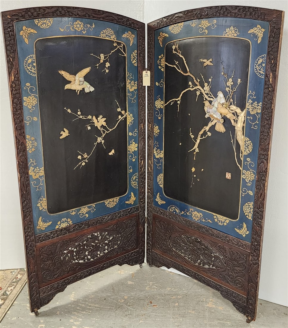 Chinese 2 Fold Lacquer + Carved Screen w/Bone + MOP Inlay C1890 71" H X 31 1/4" W Ea. Panel (1 of 11)