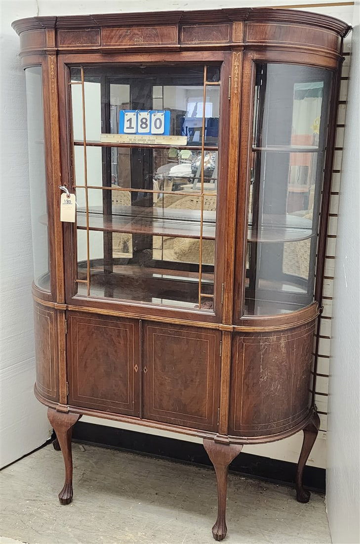 Band Inlaid Mahog Curved Glass China Cabinet C1920 5'8" H X 46 1/2" W X 16" D (1 of 2)