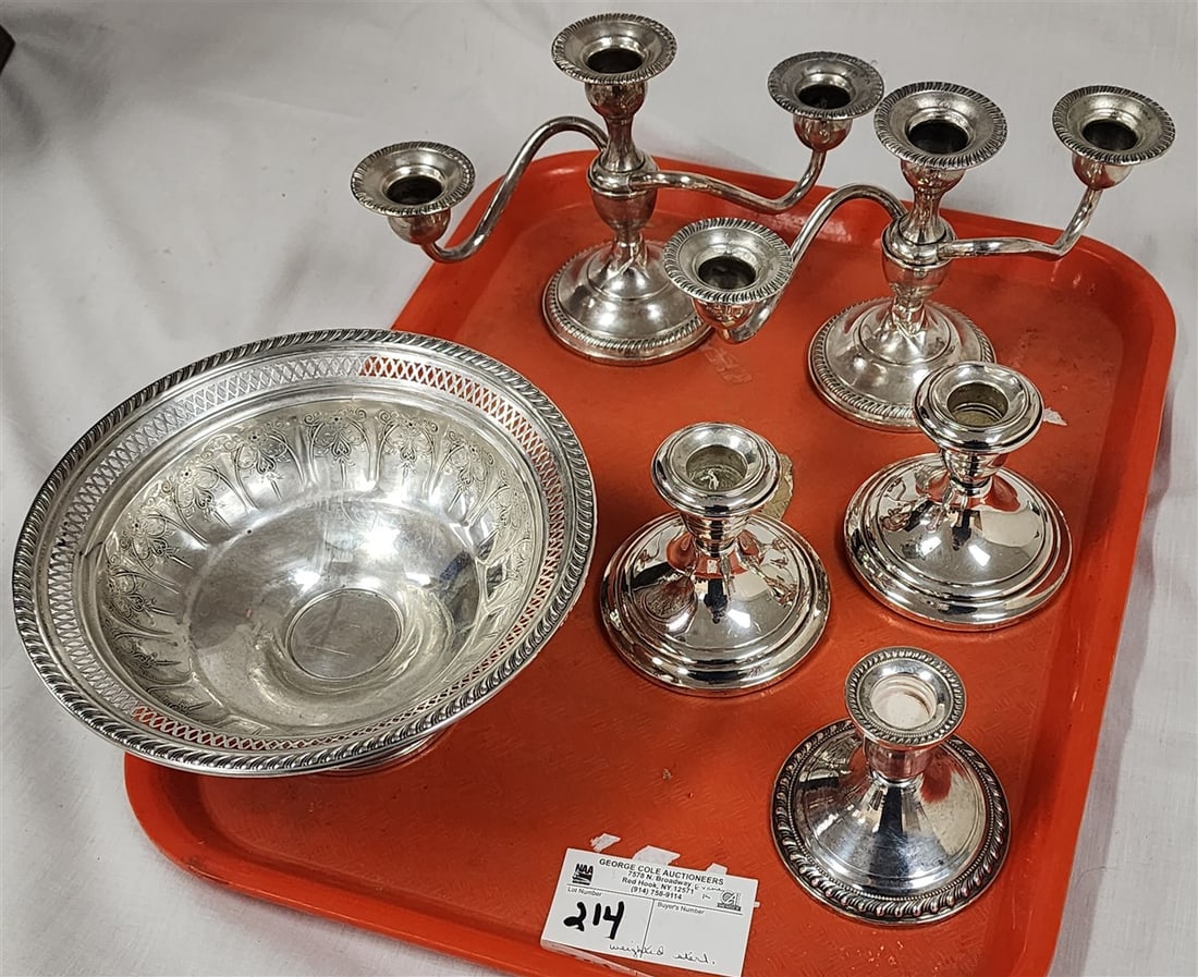 Tray Weighted Sterling Bowl 4" H X 8" Diam., Pr. Candleabra 6" H X 10" W, Pr. Candlesticks 3 3/4" + (1 of 5)