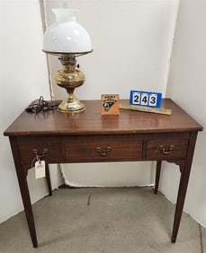 Mahog. 3 Drawer Desk 30 1/2" H X 36" W X 21" D w/Brass Oil Lamps w/Milk Glass Shade