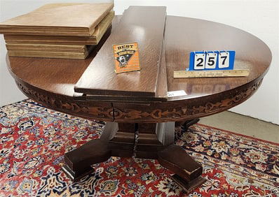 Vintage Oak Ped. Base Table 54" Diam. w/ 3 Leaves + Pads