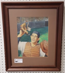 Framed Acrylic Bill Dickey - Catcher Monograph Sgnd 13 1/2" X 10 1/2" w/Frame 23 1/2" X 19 1/2"