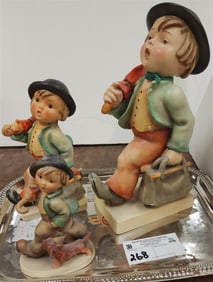 Tray 8 Hummels - Merry Wanderer 7/2 10", Crown Mk, V Bee W. Germany 7" + V Bee W. Germany 5 1/2"