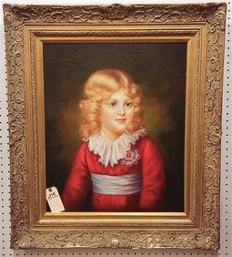 Framed O/C Young Child In Red Coat Unsgnd 25" X 21 /2" w/Frame 33" X 29"