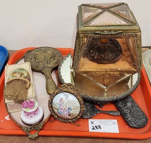 Tray Dresser Items Bevelled Glass Bx 8" H X 7" Sq., Dresser Mirrors, Tray, Limoges Pill Bx Etc.