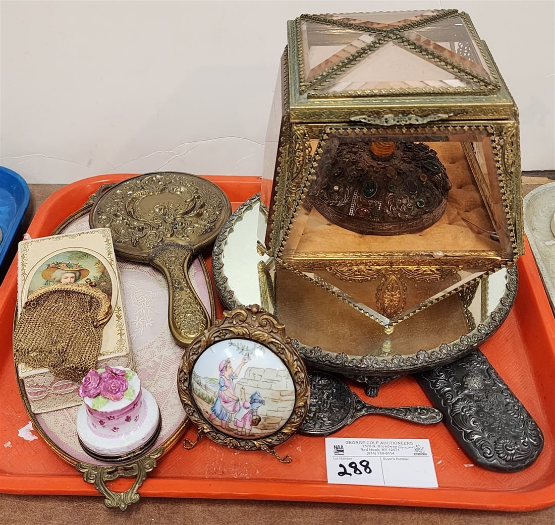 Tray Dresser Items Bevelled Glass Bx 8" H X 7" Sq., Dresser Mirrors, Tray, Limoges Pill Bx Etc. (1 of 2)