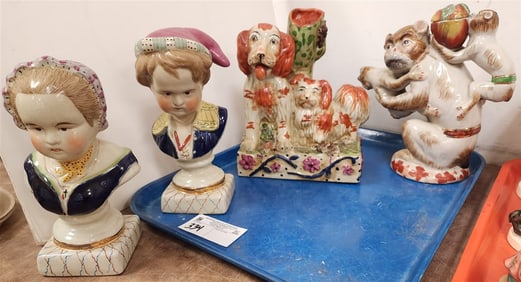 Tray 4 Porcelain Figures - Spaniels 9" H X 7" W X 4 1/2" D, Monkey Tea Pot 9 1/2" H X 8 1/2" W + Pr.