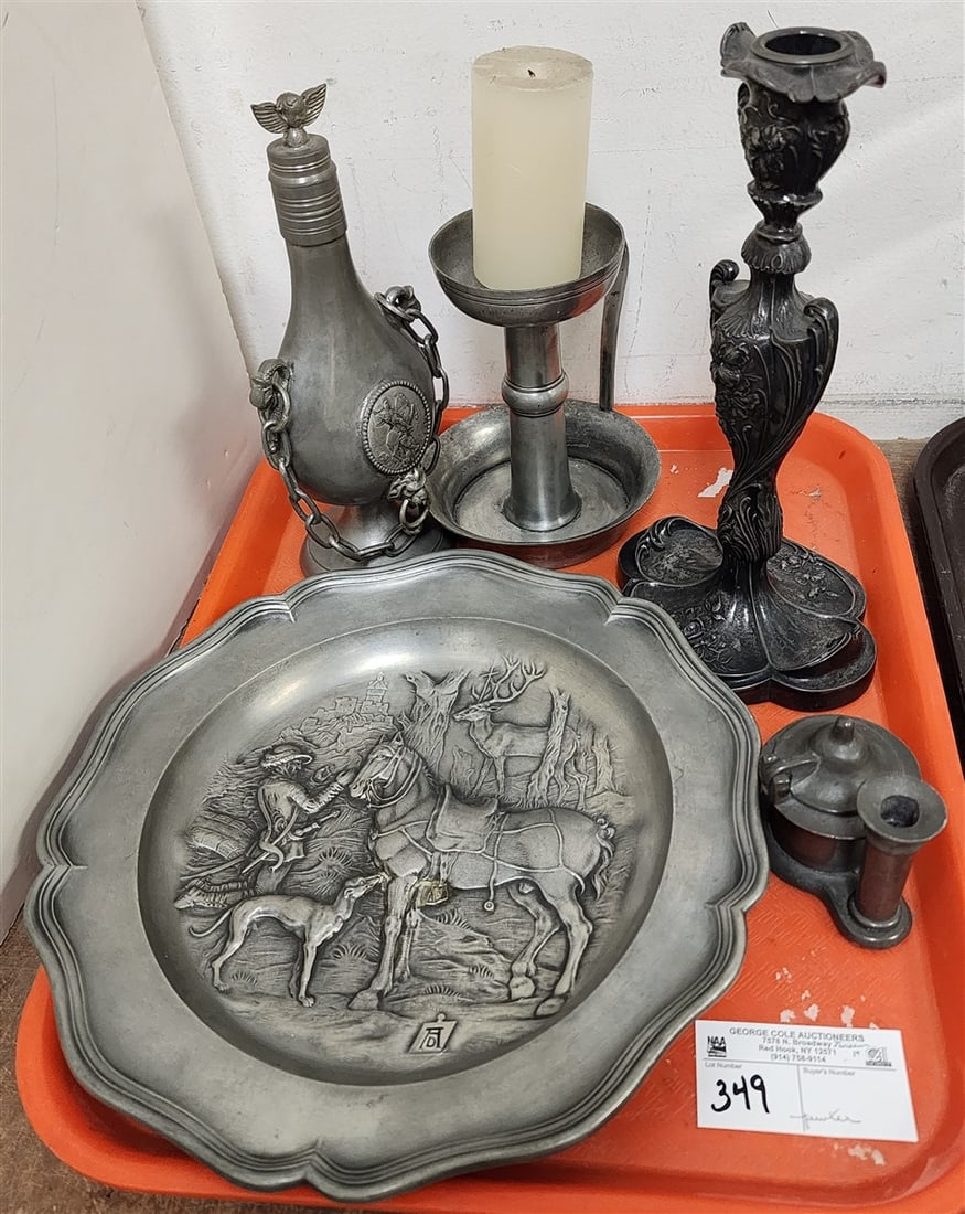 Tray Pewter - Bowl 12" Diam, Canteen, Candlesticks, Ink Well: Tray Pewter - Bowl 12" Diam, Canteen, Candlesticks, Ink Well