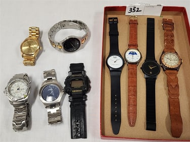 Lot 7 Wrist Watches Timex Reef Gear, Guess Microsteel, Rolex Oyster, Fossil Arkitek, Peugeot Etc.