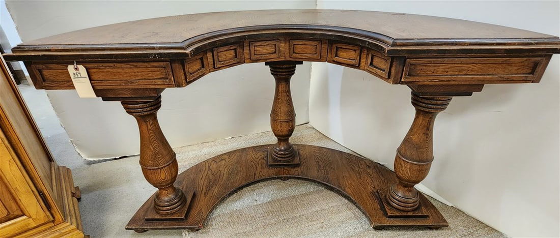 Oak 3 Drawer Demi Lune Desk 30" H X 58" W X 28" D: Oak 3 Drawer Demi Lune Desk 30" H X 58" W X 28" D