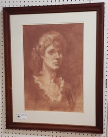 Framed Conte Crayon Sanguine Drawing Of Woman Sgnd Marion A. Carlson 21 1/2" X 15 1/2" w/Frame 31" X
