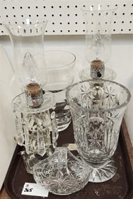 Tray Pr. Crystal Lamps 17", Cut Glass Vase 10", Crystal Vase 10 1/2"