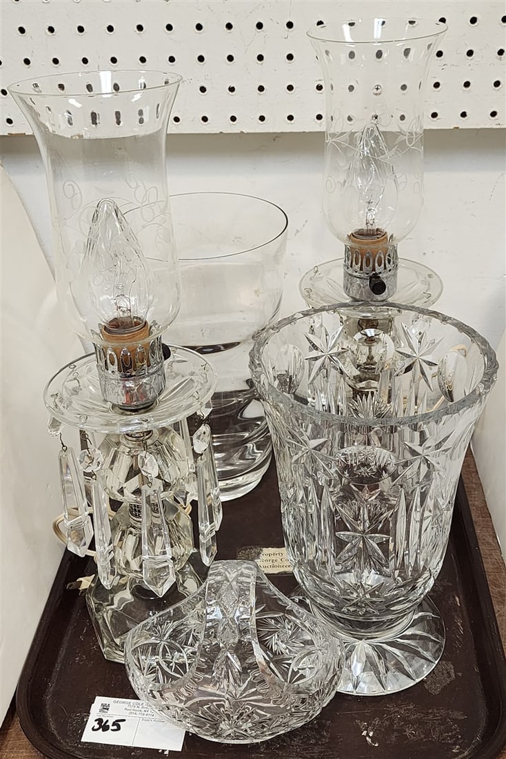 Tray Pr. Crystal Lamps 17", Cut Glass Vase 10", Crystal Vase 10 1/2" (1 of 1)