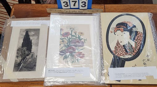 Tray 3 Pcs. Unframed Artwork - Etching Sgnd Luigi Olivetti 11" X 7", Hand Colored Floral Litho 1841
