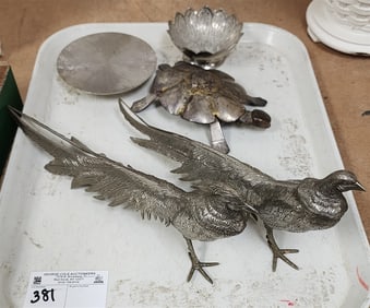 Tray Metal Pheasants 5" H X 13" L, Turtle Sculpture Made Of Silverplate Flatware Etc.