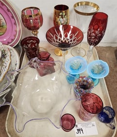 Tray Assorted Cut, Hand Blown + Enameled Stemware, Hand Blown Bowl Sgnd Burduth, Etc.