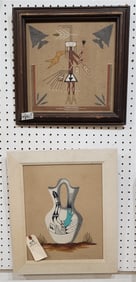 Lot 2 Native American Framed Sand Paintings 14" X 11" + 12" Sq.