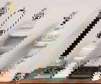 Lot 4 Lamps - 3 Marble Urn 19" + 18" + Metal Column 20"