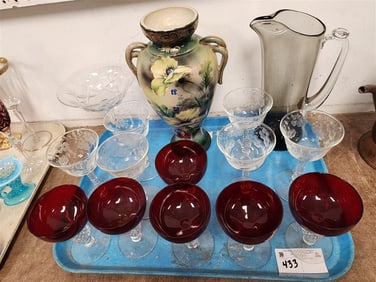 Tray 6 Ruby Glass Champagnes, 6 Cut Stemware, Ceramic Vase, 70's Glass Pitcher, Etc.