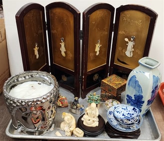 Tray Asian Items - Lacquered Dresser 4 Fold Screen 13" H X 5 1/2" W Ea. Panel, Carved Bone Figure,