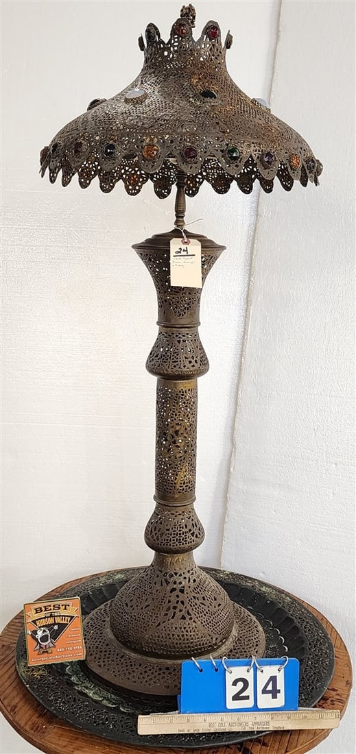 Mid East Brass Lamp w/Gems 43" + Tray 22 1/2" Diam.: Mid East Brass Lamp w/Gems 43" + Tray 22 1/2" Diam.