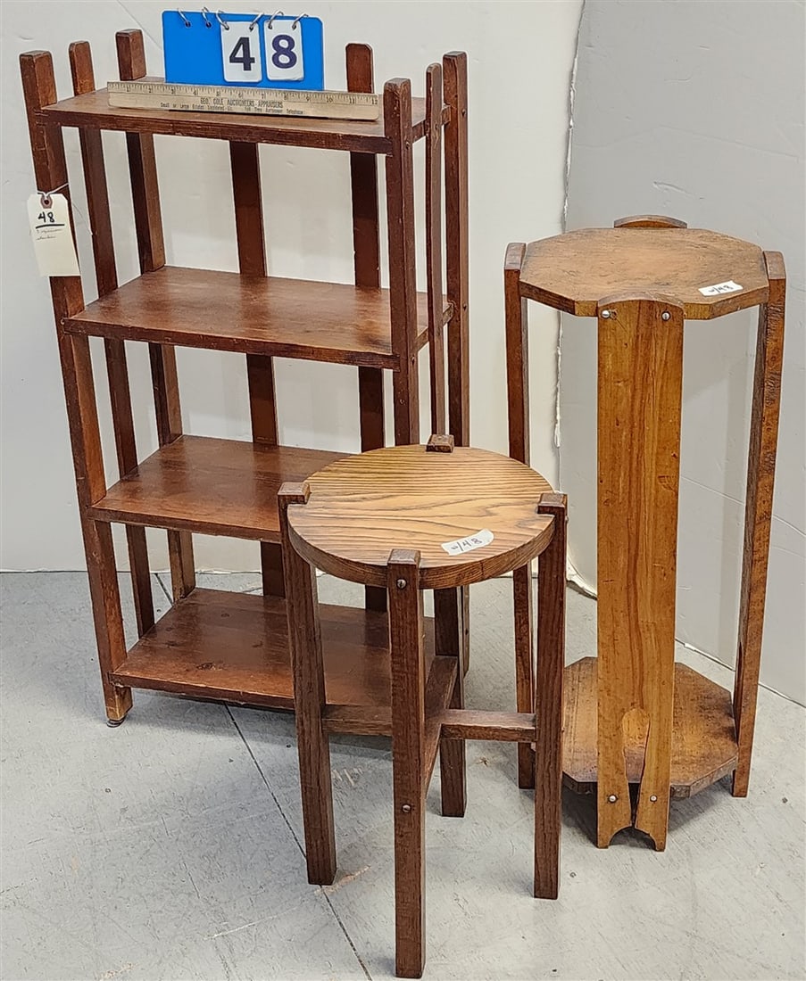 Lot 3 Mission Pcs. - Oak 4 Tier Bookstand 35" H X 17 1/2" W X 10" D, 2 Tier Stand 28" H X 12" Diam. (1 of 6)
