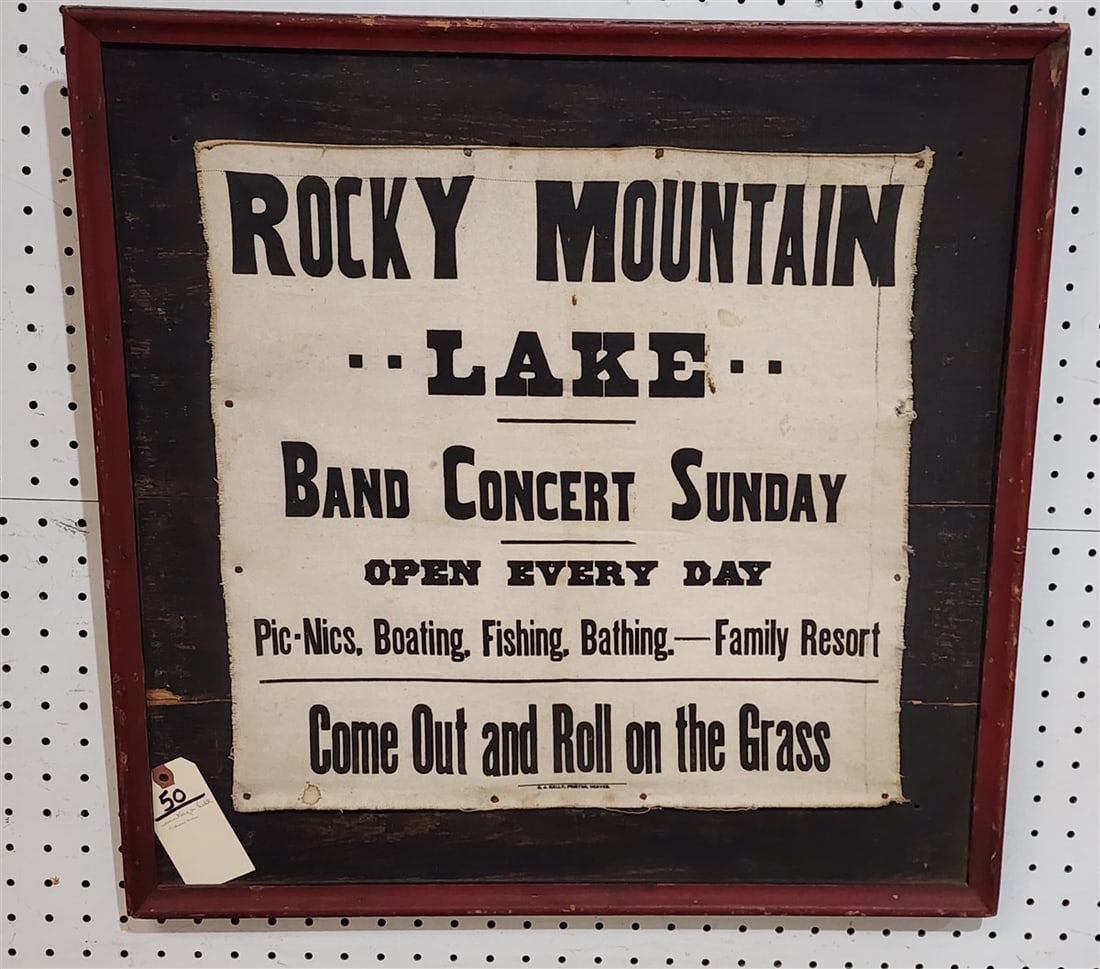 Vintage Framed Canvas Bill - Rocky Mountain Lake Band Concert 18" Sq. w/Frame 23 1/2" Sq.: Vintage Framed Canvas Bill - Rocky Mountain Lake Band Concert 18" Sq. w/Frame 23 1/2" Sq.