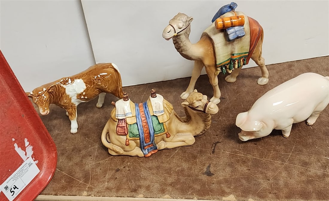 Tray 4 Hummels 3 Line Camel 24, Goebel Reclining Camel 45827-77, Goebel Cow 32031-12, Goebel Pig (1 of 5)
