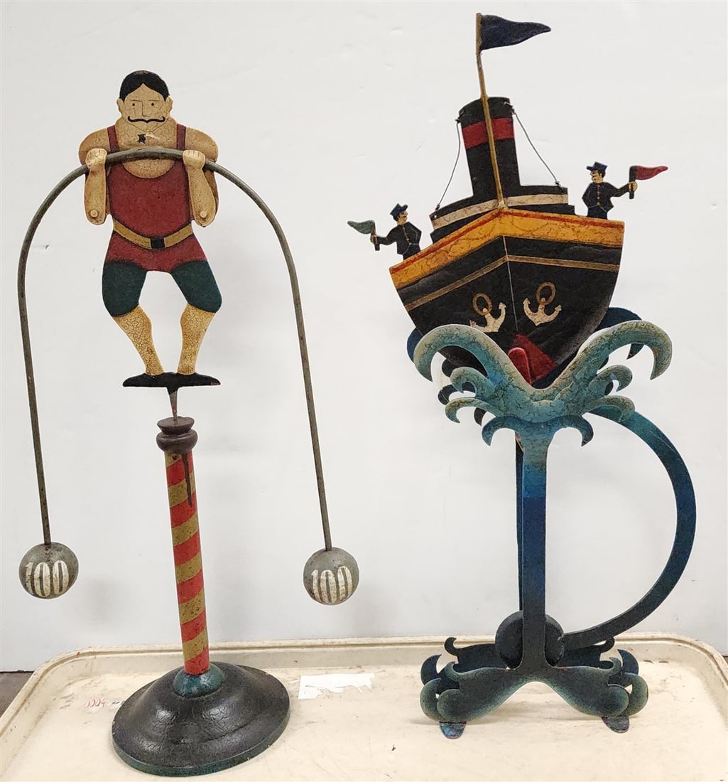Tray 2 Metal Folk Art Kinetic Sculptures 23" + 22": Tray 2 Metal Folk Art Kinetic Sculptures 23" + 22"