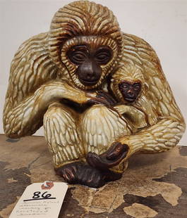 Gunner Nylund Stoneware Monkey w/Child For Rorstrand Sweden: Gunner Nylund Stoneware Monkey w/Child For Rorstrand Sweden