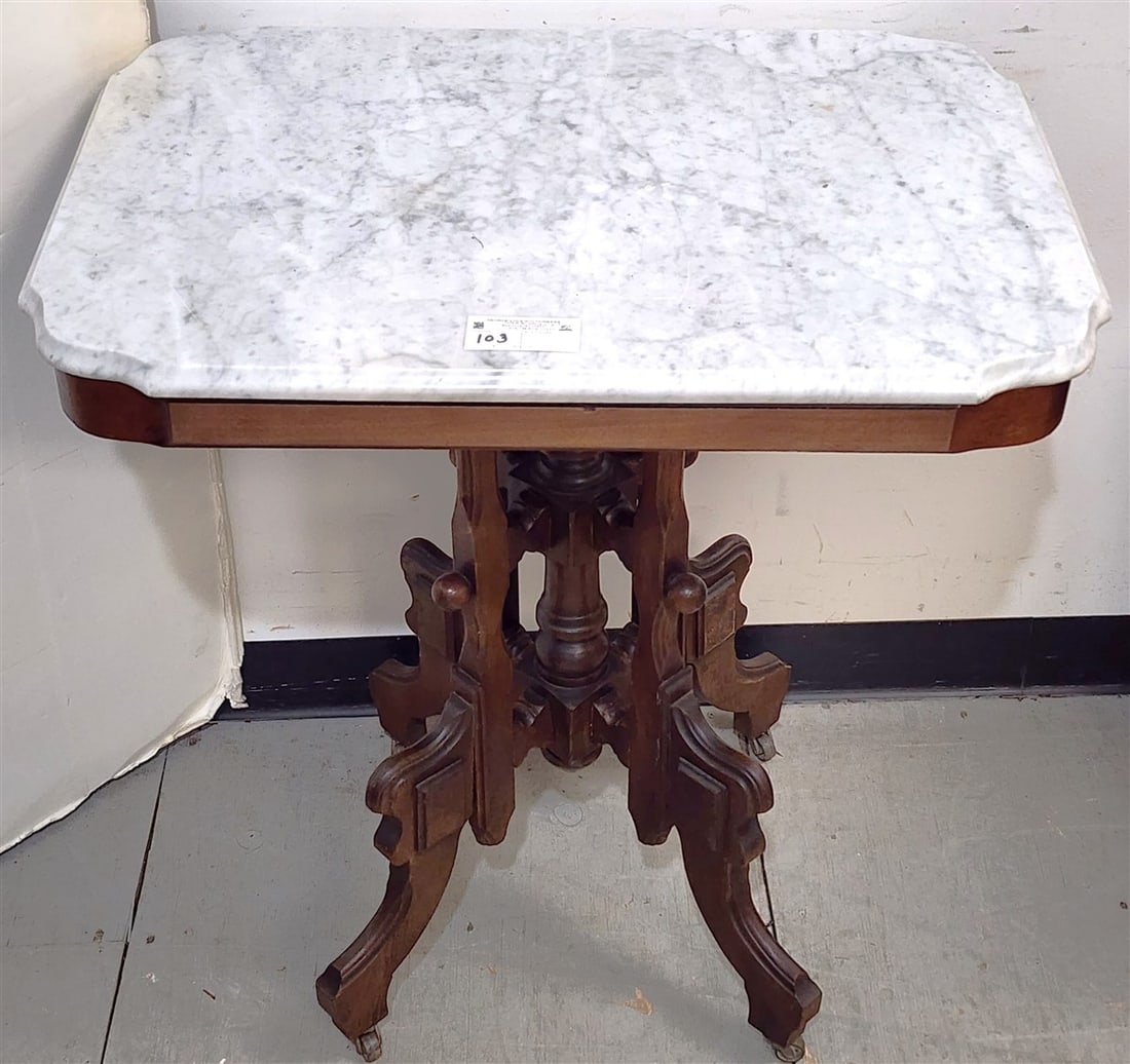 Vict. Walnut Marble Top Table 30" H X 28 1/2" W X 20" D (1 of 2)