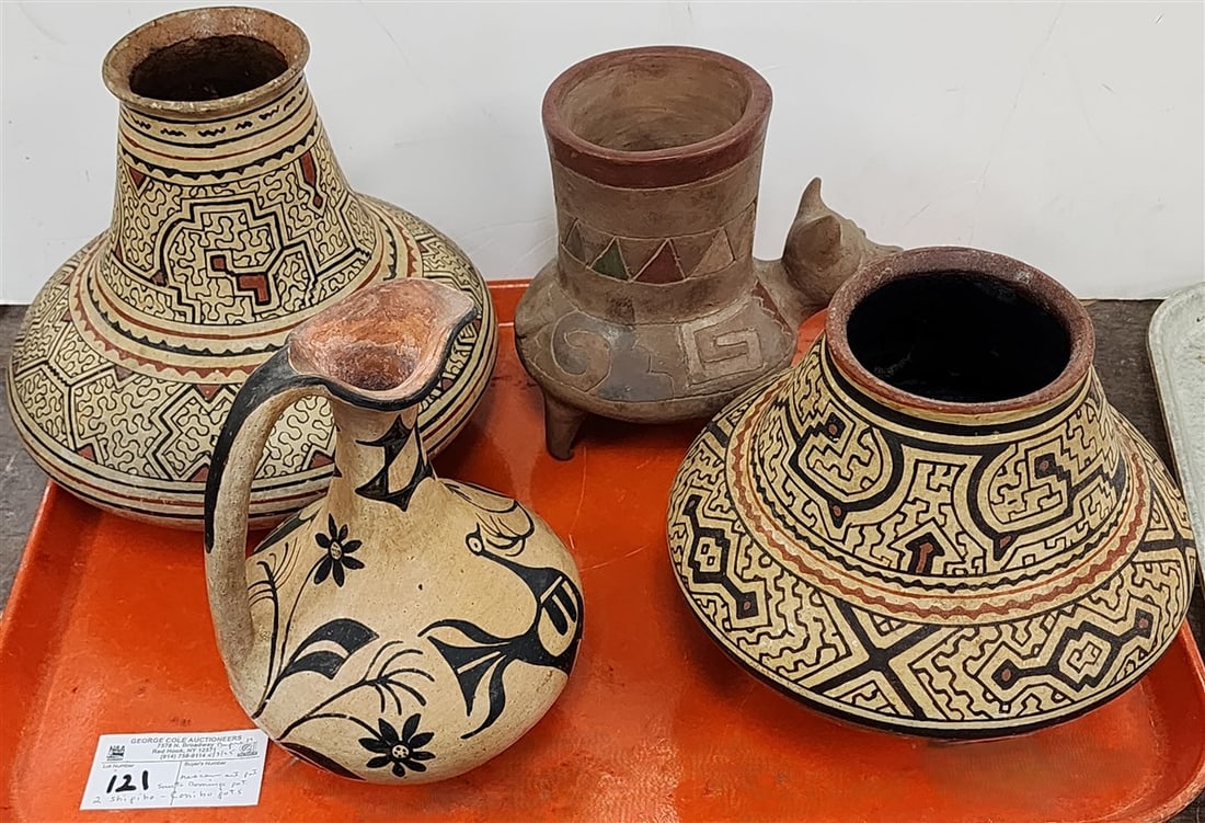 Tray 2 Shipibo - Conibo Peruvian Pots 8 1/2" X 9 1/2" Diam. + 7" H X 9" Diam. + Santo Domingo Pueblo (1 of 7)
