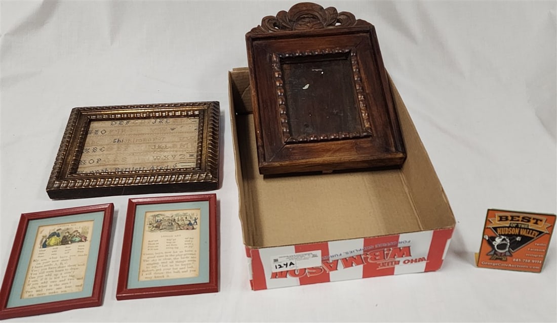 Tray 19th C Framed Sampler Sgnd Hannah Bartlet 9 1/2" X 11 1/2" + Pr. Framed Hand Colored Lithos - (1 of 3)