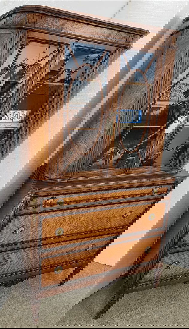 20's Mahog China Cabinet w/Kingwood Panels + Ormolu Mounts H. Herrman Co. NY 68" H X 38" W X 18" D: 20's Mahog China Cabinet w/Kingwood Panels + Ormolu Mounts H. Herrman Co. NY 68" H X 38" W X 18" D