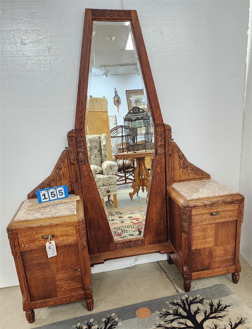Art Deco Oak Marble Top Vanity 68" H X 54" W X 16" D: Art Deco Oak Marble Top Vanity 68" H X 54" W X 16" D