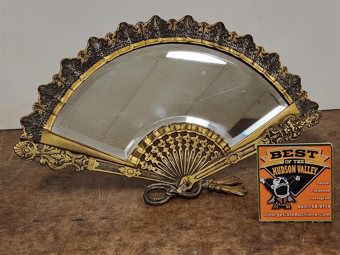 19th C Brass Plated Cast Iron Fan Shaped Bevelled Mirror 9 1/2" H X 18 1/2" W (1 of 4)