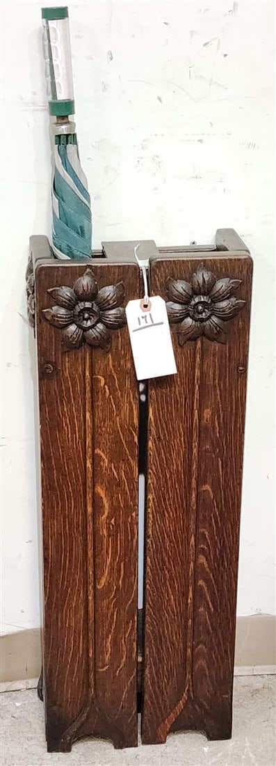 Vintage Arts + Crafts Carved Oak Umbrella Stand 27 1/2" H X 10 1/2" W X 6" D (1 of 5)