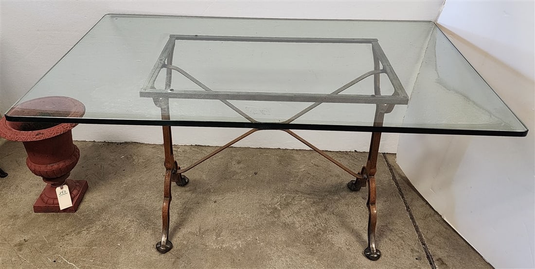 Vintage Cast Iron Base Sgnd Pierre Ouvrier Glass Top Patio Table 28 1/2 H X 54 1/2" W X 32" D (1 of 3)