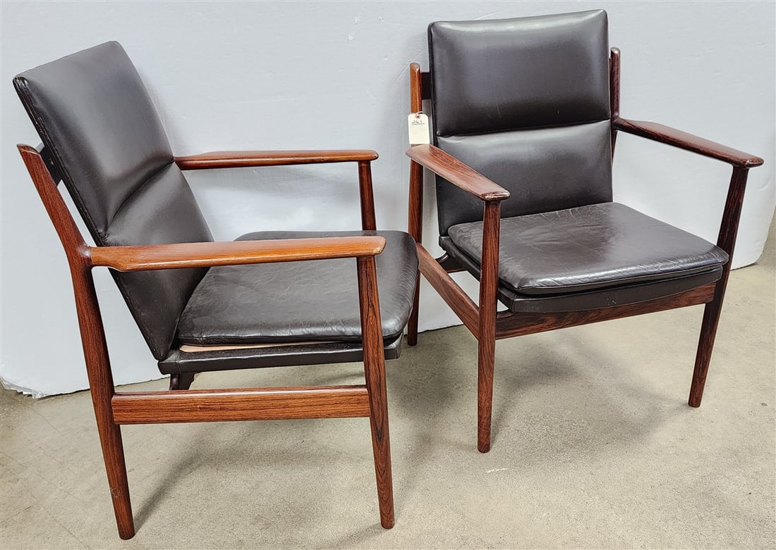 Pr. Danish Rosewood Leather Uphols. Armchairs by Arne Vodder For Model 431 34 1/2" H X 27" W X 18" D: Pr. Danish Rosewood Leather Uphols. Armchairs by Arne Vodder For Model 431 34 1/2" H X 27" W X 18" D