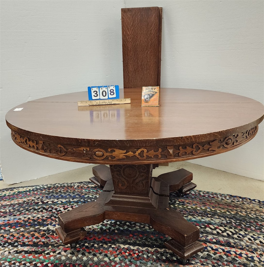 Vintage Oak Pedestal Base Dining Table 54" Diam. w/2- 11" Leaves + Pads (1 of 4)