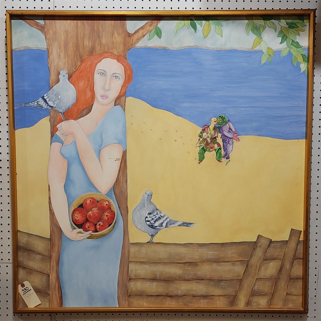 Framed O/C Woman w/ Pigeons By W. Churchill 39 1/2" Sq. w/Frame 42" Sq. (1 of 1)