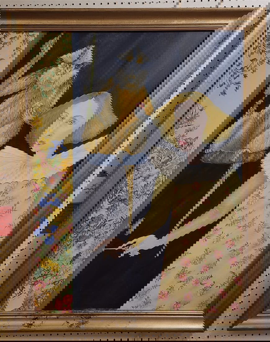 Framed O/C Woman w/Monkey + Key To Door By W. Churchill 39 1/2" X 29 1/2" w/Frame 45" X 35" (1 of 1)