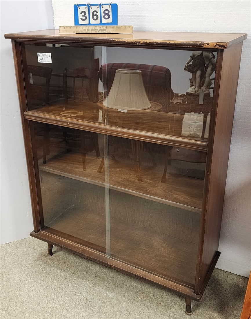 Mid Century Walnut Cabinet w/Sliding Glass Doors 45" H X 3' W X 12 1/2" D (1 of 3)