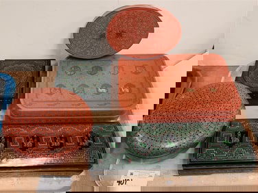 Tray Thai Lacquer Bx's - 3" H X 12" W X 8" D, 3" H X 14" W X 4 1/2" D, 7 1/2" H X Diam., 2 1/2" H X