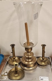 Tray Brass Base Candlestick w/Hurricane Shade 22" H X 8 1/2" Diam. +3 Vintage Brass Push Up