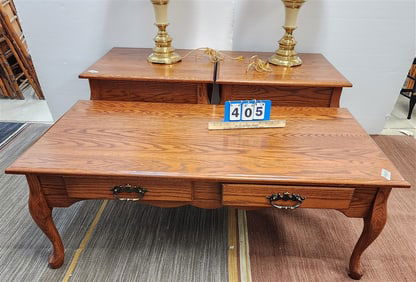 3 Pc. Oak - 2 Drawer Coffee Table 18" H X 4' W X 24" D, Pr. 1 Drawer End Stands 22" H X 4' W X 24"